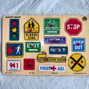 Vintage 1996 Small World Toys Safety Signs Wooden Puzzle Educational Tot #2541